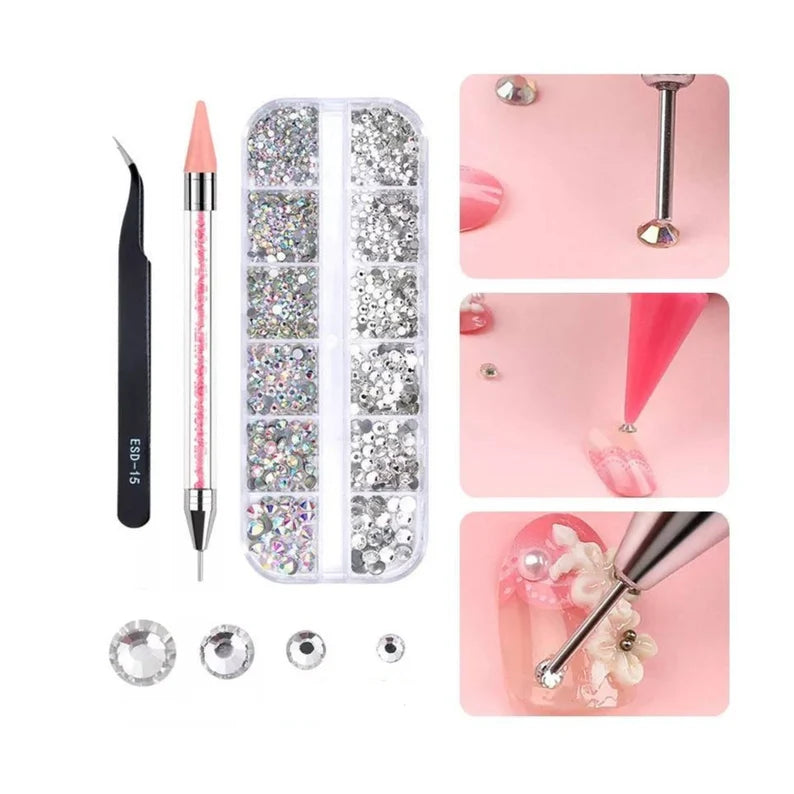 Clear Crystal Rhinestones with Rhinestone Picker Dotting Pen and Elbow Tweezer (1500 PCS, 6 Sizes)